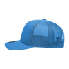 A blue 6 Panel Mid Profile Structured Trucker cap with a mesh back and a curved brim. It features a logo on the front.