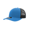 A blue and black 6-panel mid-profile structured trucker cap with a mesh back and a branded logo.