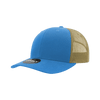 A blue trucker cap with a structured design and a khaki mesh back. Features a logo on the front.