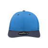 A structured trucker cap featuring a blue body and a grey peak, with a logo on the front.