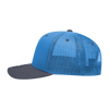 A blue and navy 6 panel mid profile structured trucker cap with a mesh back and flat brim.