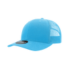 A structured trucker cap in bright blue with a mesh back and a circular logo on the front.