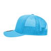 A bright blue 6 panel mid profile structured trucker cap with a mesh back and a logo.