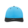 A blue mid-profile structured trucker cap with a black bill and a logo on the front.