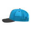 A structured trucker cap in bright blue with a black brim and mesh back, featuring a logo on the front.