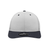 A structured trucker cap in grey and navy, featuring a logo on the front.