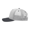 A grey and black structured trucker cap with a mesh back and a curved visor. It features a logo on the front.