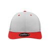 A grey and red structured trucker cap featuring a logo on the front panel.
