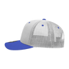 A blue and grey 6 Panel Mid Profile Structured Trucker cap with a mesh back and a solid brim.