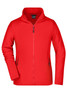 A red polar fleece jacket featuring a full zip and side pockets, with a logo displayed on the front.