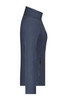 A side view of a navy blue ladies basic fleece jacket with a zip pocket and a high collar.