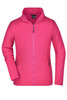 A pink fleece jacket with a zippered front and two side pockets, featuring a branding logo.