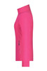 A ladies' polar fleece jacket in bright pink, featuring a high collar and a zippered pocket. It has a logo on it.