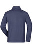 A navy fleece jacket with a collar and long sleeves, featuring a branding logo on the back.