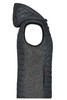 A grey and black knitted hybrid vest with a hood, featuring a quilted design and a side zip pocket.