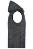A grey knitted hybrid vest with a hood and side openings, featuring a quilted design and a logo.