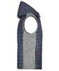A men's knitted hybrid vest in navy blue and grey, featuring a hood and quilted design. It has a logo on it.