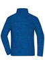 A blue polar fleece jacket featuring a high collar and long sleeves, with a branded logo on the back.