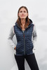 A ladies' knitted hybrid jacket featuring a navy quilted front and grey sleeves, with a hood and zip closure.