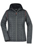 A ladies' knitted hybrid jacket in grey with a hood, featuring quilted detailing and a front zipper. Includes a logo.