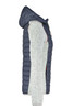 A ladies' knitted hybrid jacket featuring a navy blue puffer body and light grey sleeves, with a hood and branding.