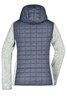 A ladies' knitted hybrid jacket featuring a grey and navy quilted design with a hood and a logo on the back.