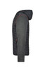 A men's hybrid jacket featuring a grey knitted front and a quilted black back, with a hood and a logo.