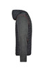 A men's knitted hybrid jacket featuring a grey knitted body with a dark quilted hood and shoulder panels.