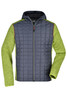 A men's knitted hybrid jacket featuring a navy blue quilted body and bright green sleeves, with a hood and zip closure.