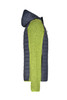 A hybrid jacket featuring a navy quilted design with a bright green knitted sleeve and hood. Includes a logo.