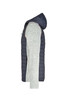 A men's knitted hybrid jacket featuring a navy quilted design with grey sleeves and a hood. It has a logo.