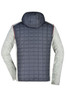 A men's knitted hybrid jacket featuring a grey long-sleeve design with a navy quilted hooded back.