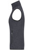 A dark grey knitted fleece vest featuring a zip pocket and a high collar. It has a sleeveless design.