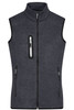 A grey knitted fleece vest with a high collar and three zippered pockets. It has a snug, sleeveless design.