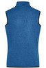 A blue knitted fleece vest featuring a high neck and a logo on the back. It has a contrasting black trim.