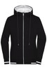 A black track jacket with a hood, featuring a white interior and contrasting white accents on the cuffs and hem.