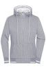 A grey track jacket with a hood and white detailing, featuring a zip front and pockets. It has a logo on it.