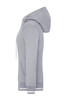 A grey ladies track jacket with a hood, featuring side pockets and striped cuffs. It has a logo on the front.