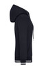 A black ladies' track jacket featuring a hood, front pockets, and contrasting striped cuffs. It has a logo as well.