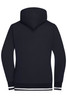 A navy track jacket with a hood, featuring a logo and contrasting stripes at the hem.