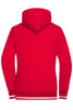 A red women's track jacket featuring a hood and contrasting stripes at the cuffs and hem, with a logo present.
