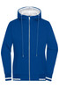 A blue ladies' track jacket with a hood, featuring a zip front and contrasting cuffs. It includes a branding logo.