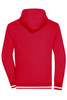 A red men's club sweat jacket featuring a hood and contrasting trim at the cuffs and hem. It has a logo.