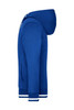 A side view of a blue men's track jacket with a hood and white striped cuffs, featuring a logo.