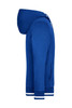 A blue men's track jacket with a hood, featuring a front zip and a logo. The cuffs and hem are striped.