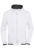 A men's club sweat jacket in white, featuring a hood, zip closure, and a logo. It has a black interior and cuffs.