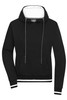A black hoodie with a drawstring hood, front pocket, and contrasting white details at the cuffs and hem.