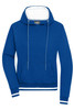 A blue ladies' hoodie featuring a front pocket and a drawstring hood. It has a contrasting inner lining and branding.