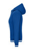 A blue ladies hoodie with a zip and a hood, featuring ribbed cuffs and hem. It has a logo on the chest.