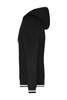 A black hoodie with a front zipper, featuring a hood and striped cuffs. Includes a logo on the front.